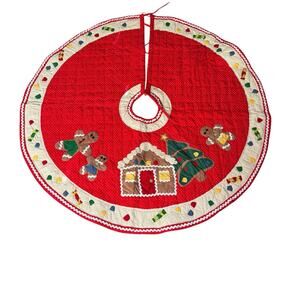 Vintage Quilted Christmas Tree Skirt Red with Gingerbread Plush to Center Hole